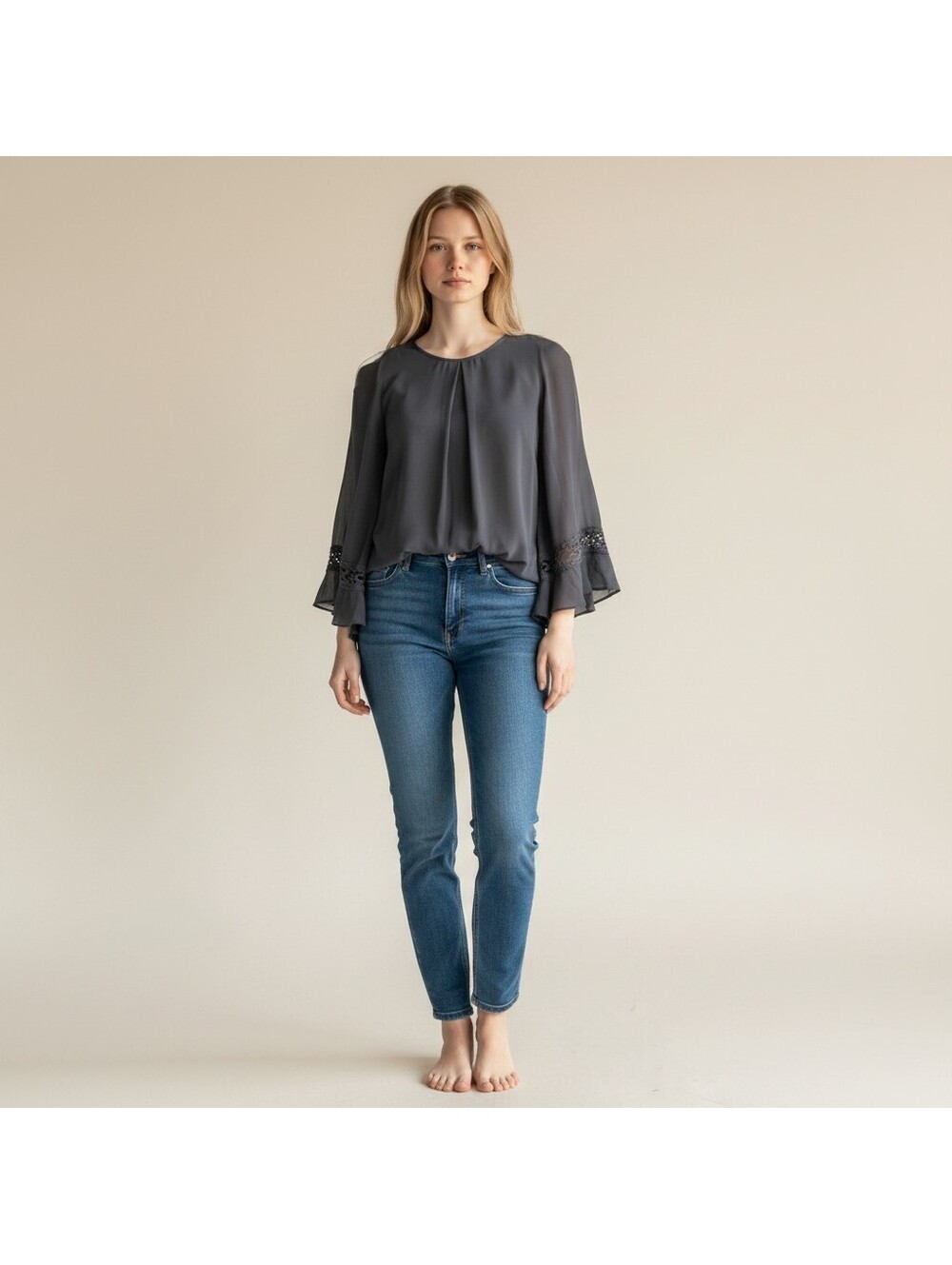 A. Byer Blouse Women M Medium Blue Long Sleeve Round Neck Pullover Casual